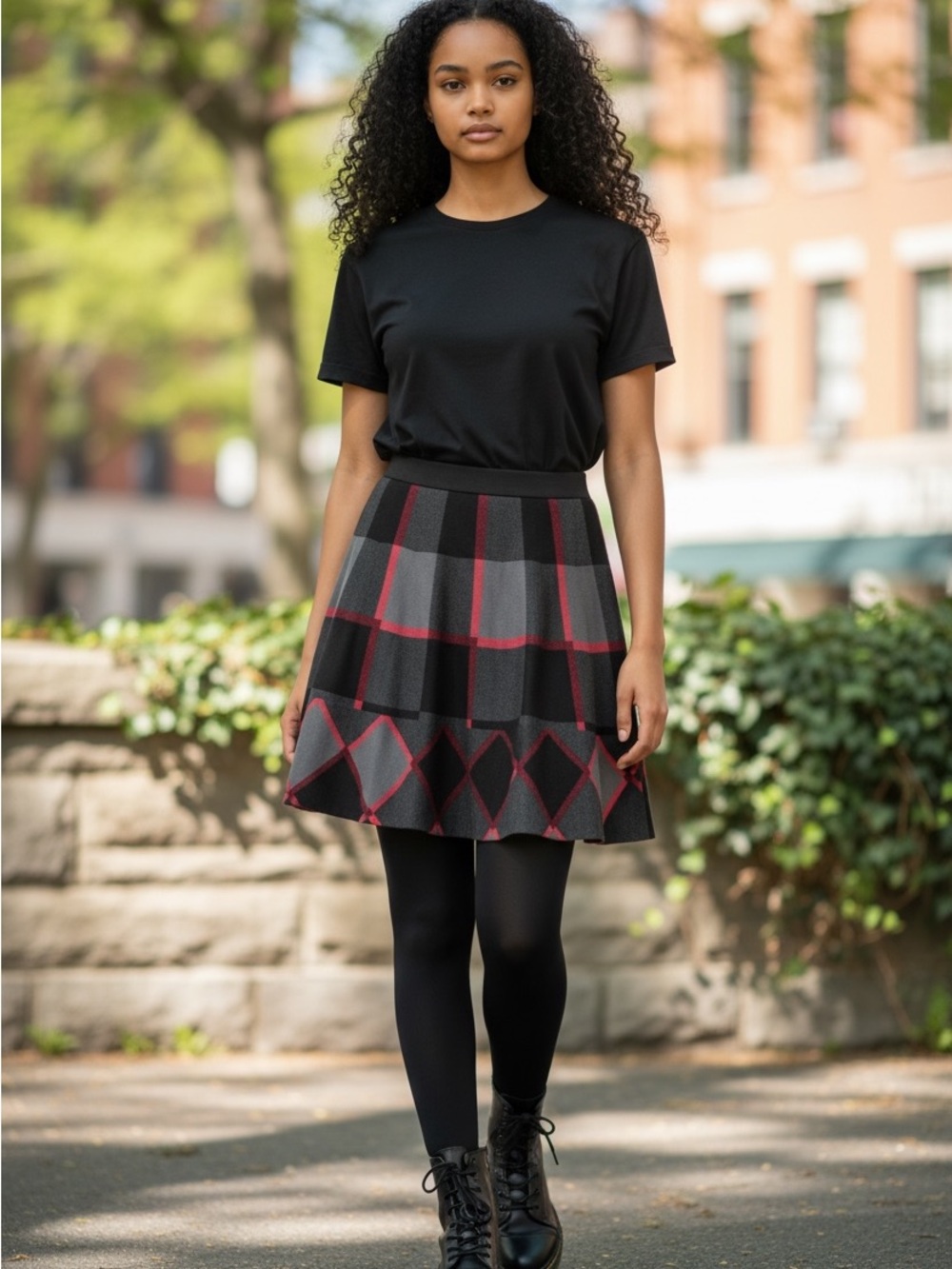 Plaid Circle Skirt in Black and Red